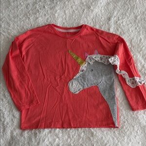 Mini Boden girls size 6-7 coral knit shirt unicorn appliqué ruffle accent